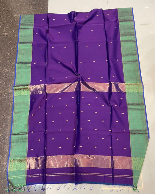 Maheshwari Handloom Silk Saree Dark Purple Color allover hand buti work with Resham border and running blouse - IndieHaat