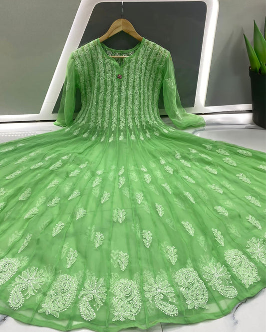 Georgette Anarkali Gown (56 kali) Green Color Chikankari work with inner - IndieHaat