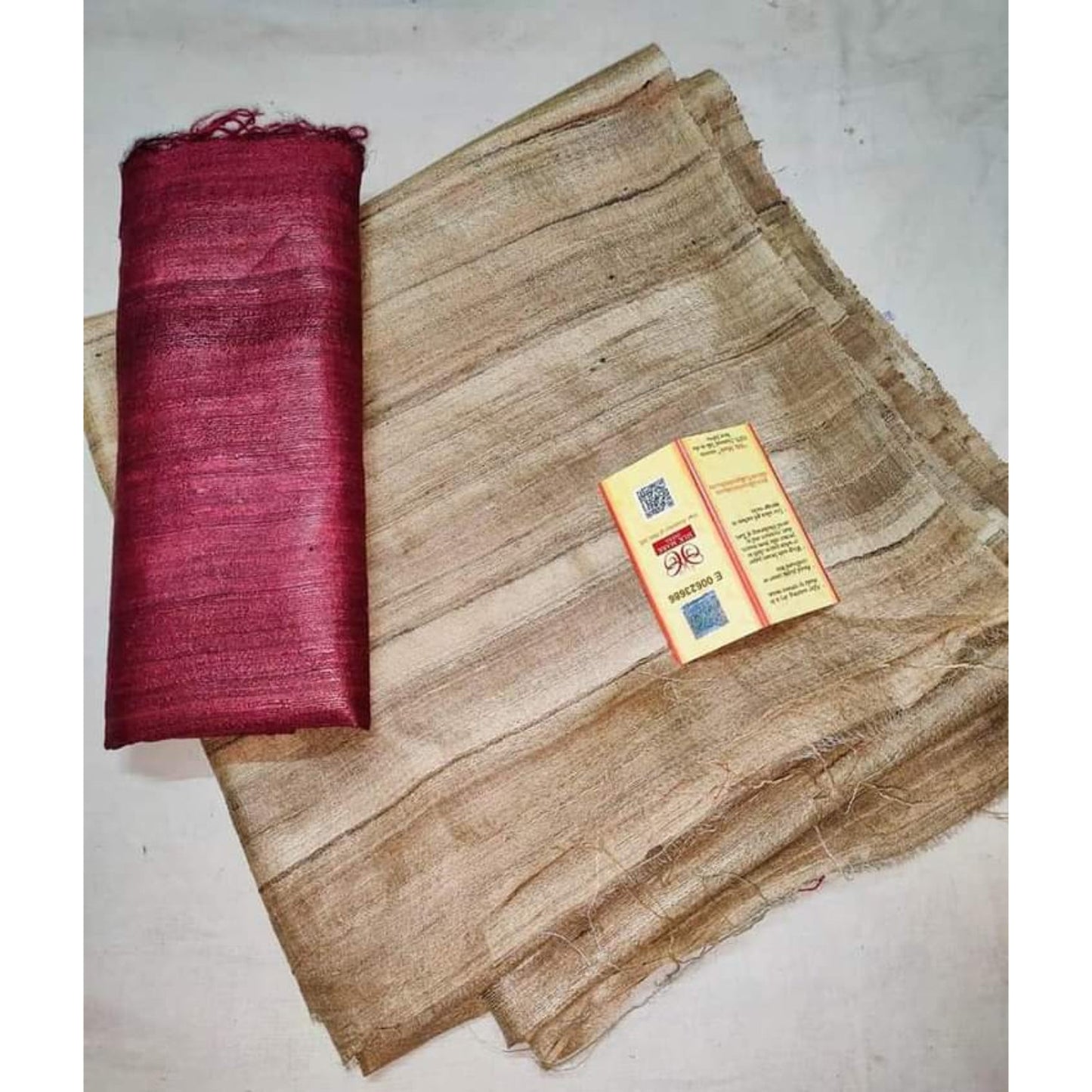 Silkmark Certified Gichcha Tussar Handloom Hand Dyed Biege Saree with Contrast Blouse-Indiehaat