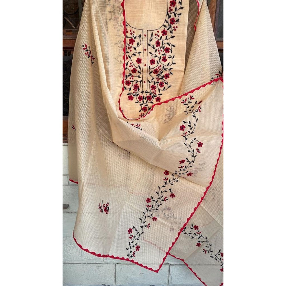 Kota Doria White Suit Material 2 Piece Embroidered (Only Top and Dupatta) | Indiehaat