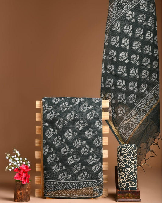 Kota Doria Suit (Top+Bottom+Dupatta) Grey Color Handblock printed - IndieHaat