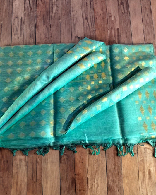 Pure Silk Linen Handloom Saree Turquoise Blue Color with Weaving Pattern Design and running blouse - IndieHaat