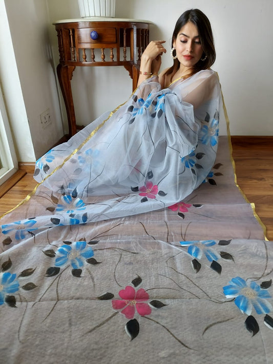 Organza Silk Saree Pastel Blue Color Hand Painted with running blouse - IndieHaat