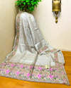 Silkmark Certified Pure Tussar Silk Saree Light Gray Color Hand Embroidery with Hand Cutwork and running blouse - IndieHaat