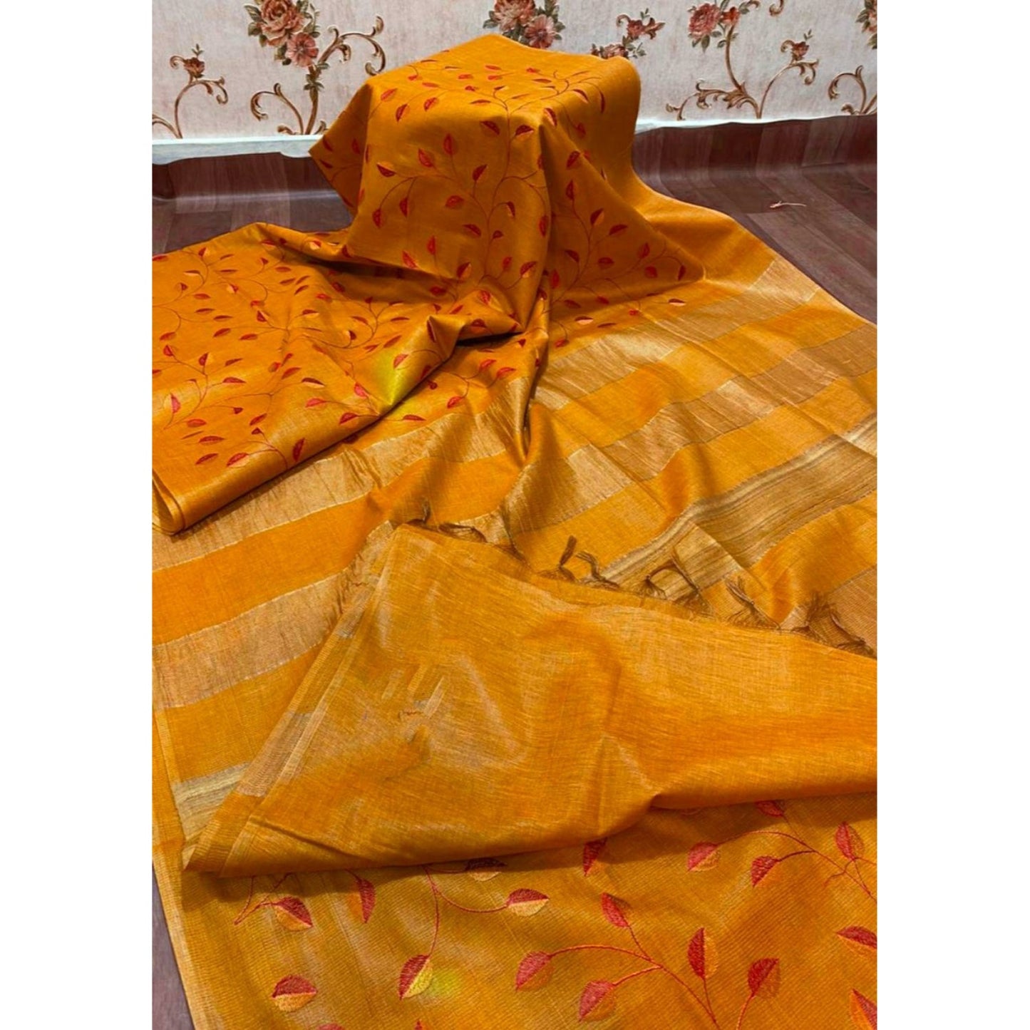 Silkmark Certified Eri Silk Digital Embroidered Orange Saree with Running Blouse-Indiehaat