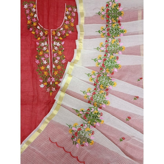 Kota Doria Red Suit Material 2 Piece Embroidered (Only Top and Dupatta)-Indiehaat