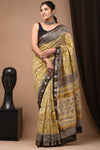 Maheshwari Silk Saree Mustard Yellow Color Handblock Printed with running blouse - IndieHaat