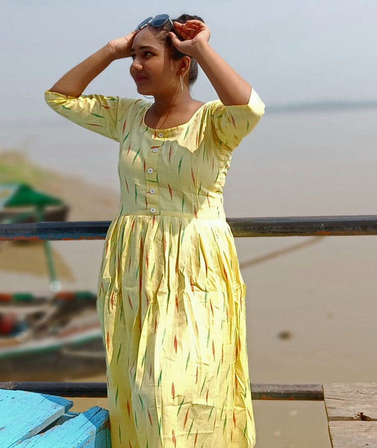 IndieHaat|Pure Cotton Dress Ikkat Design Yellow 25% Off
