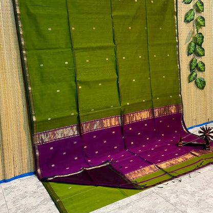 Maheshwari Silk Saree Butta Body Green Color with golden zari weaving border and running blouse (Butta Design) - IndieHaat