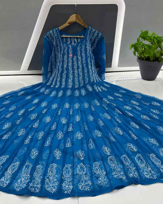 Georgette Anarkali Gown (56 kali) Navy Blue Color Chikankari work with inner - IndieHaat