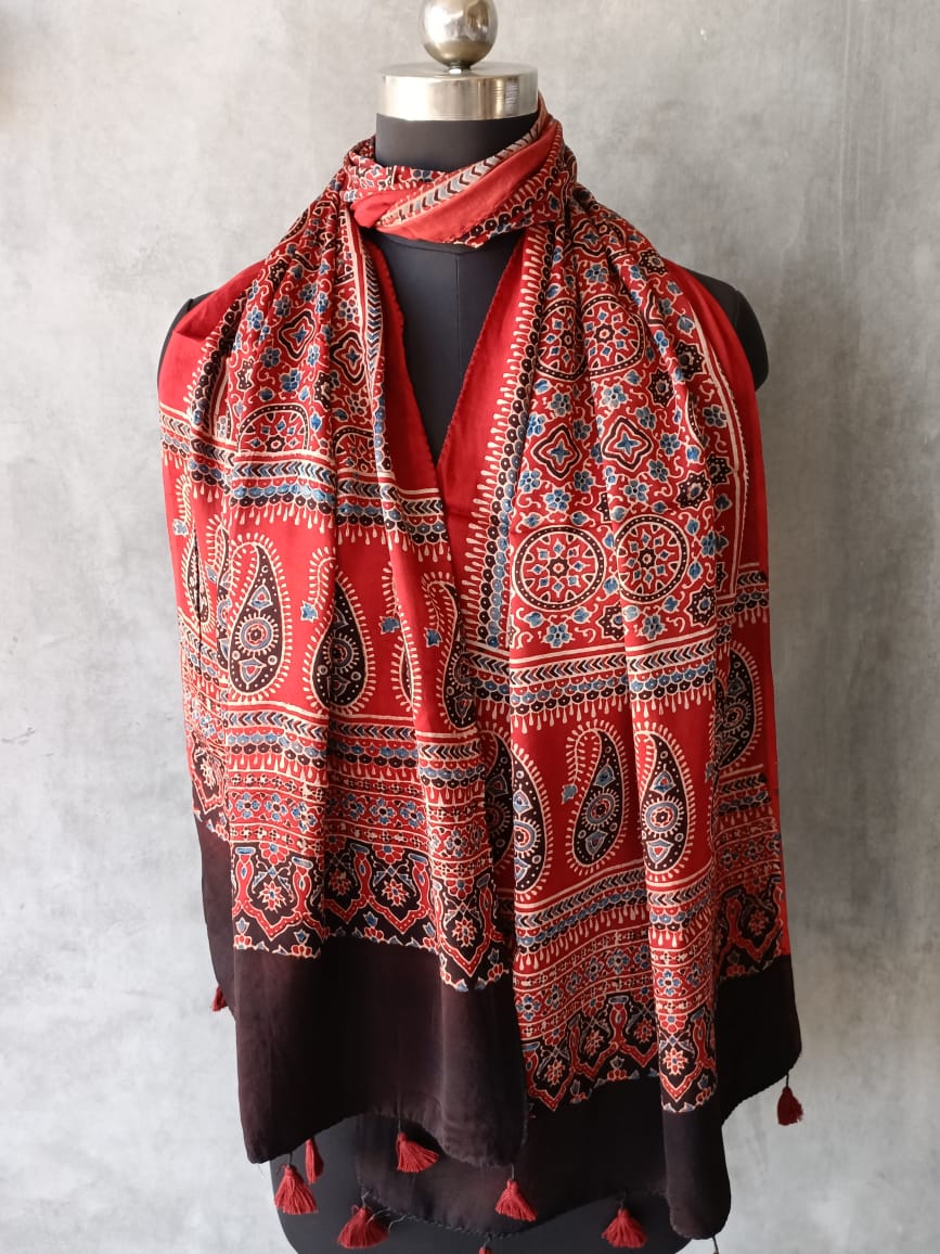 Modal Silk Stole Hand Block Ajrakh Print Alizarin Red Colour (Length: approx. 2metre)