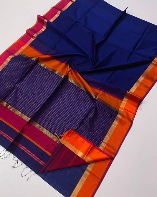 Pure Maheshwari Handloom Handwoven Silk Saree Indigo Blue Color Zari Border with running blouse - IndieHaat