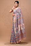 Pure Maheshwari Silk Saree Beige Hand block Printed with running blouse (Silk by Silk)-Indiehaat