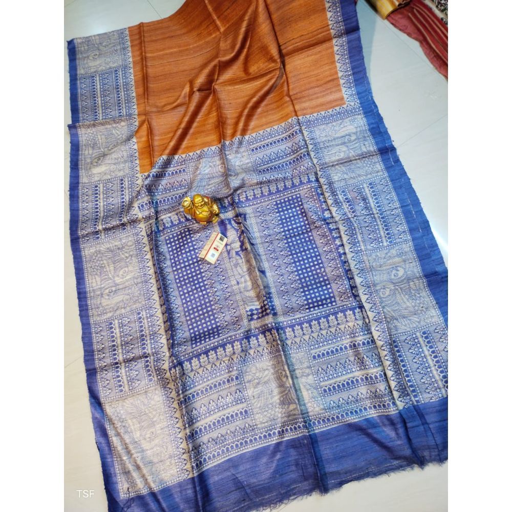Silkmark Certified Tussar Silk Madhubani Block Print Orange color Saree with Blouse-Indiehaat