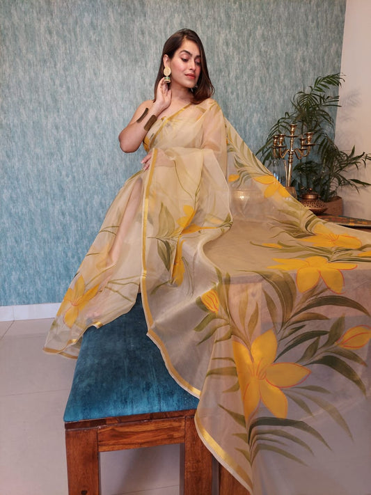 Organza Silk Saree Light Brown Color Hand Painted with running blouse - IndieHaat