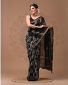 Maheshwari Silk Saree Black Handblock Printed With running blouse (Silk by Silk)