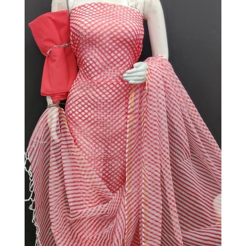 Kota Doria Red Suit Material 2 Piece Lehariya Tie And Dye (Only Top And Dupatta)-Indiehaat
