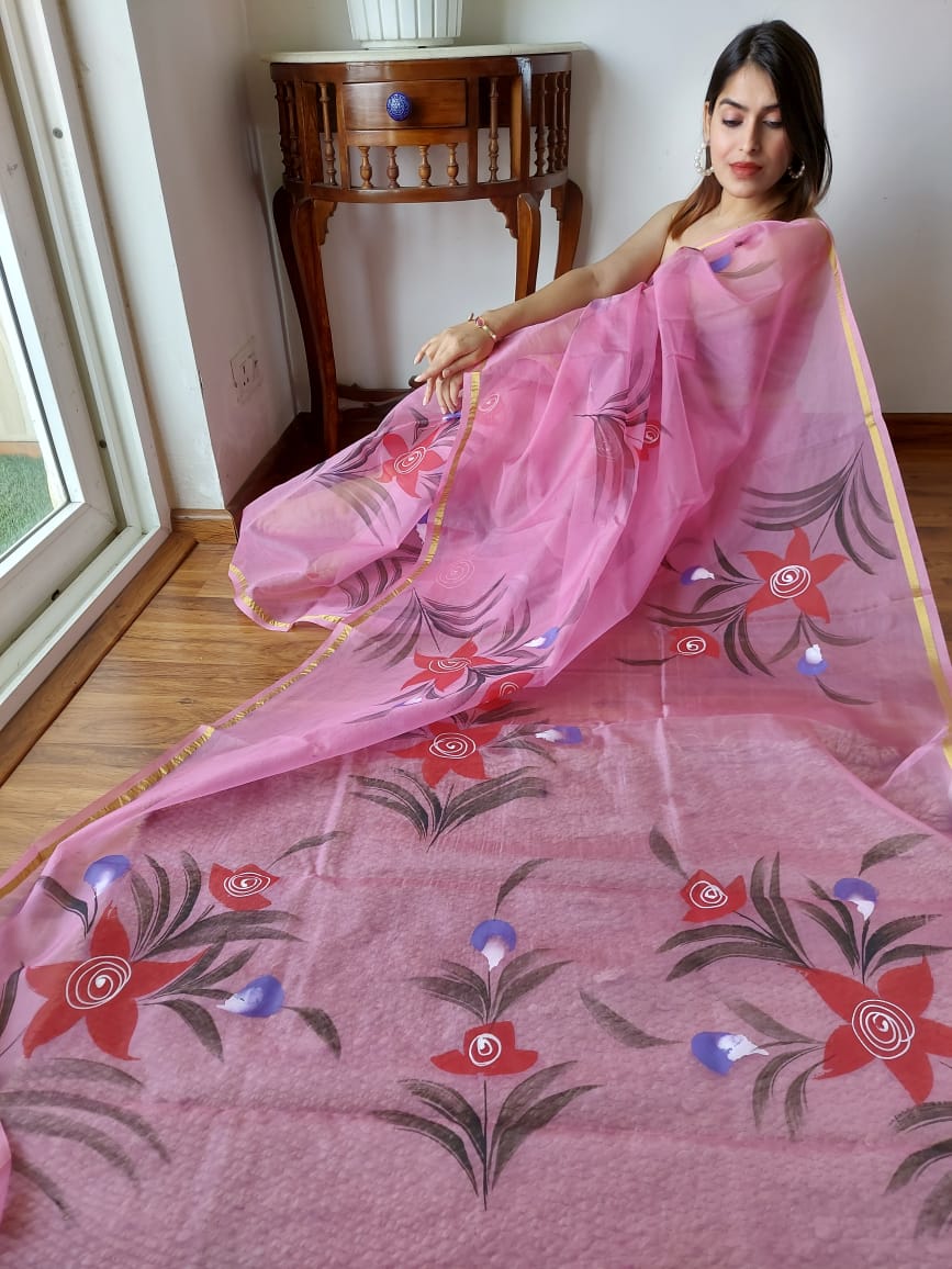 Hand Painted Organza Saree Pink Colour with touch of gold print in vibrant Indian colours and matching running Blouse-Indiehaat