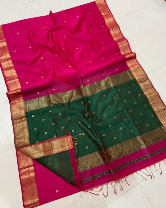 Maheshwari Handloom Handwoven Saree Magenta Pink Color Double Design Zari Border with flower buti pallu and contrast blouse - IndieHaat