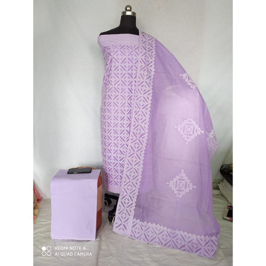 Cotton Applique work Lavender color Suit with Organdy Dupatta-Indiehaat