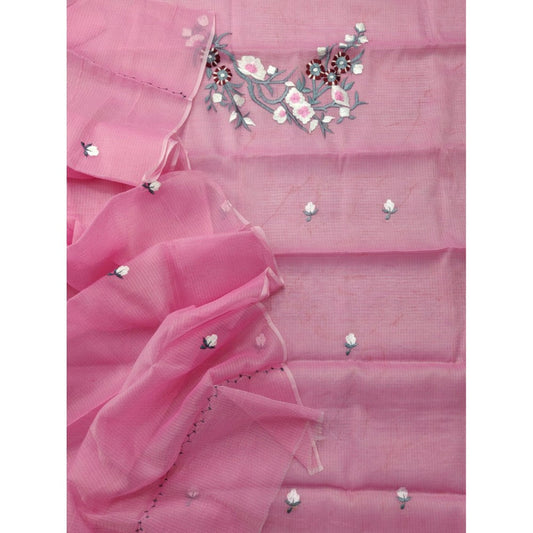 Kota Doria Pink Suit Material 2 Piece Embroidered (Only Top and Dupatta)-Indiehaat
