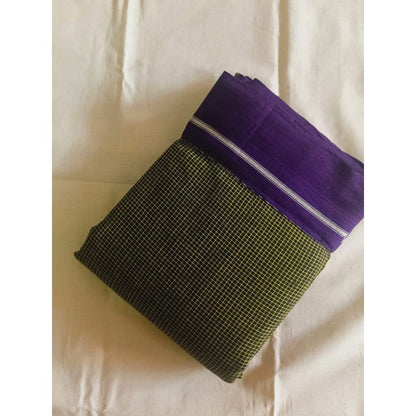 Patteda Anchu Handloom Mark Certified Pure Cotton Green Saree with Running Blouse-Indiehaat