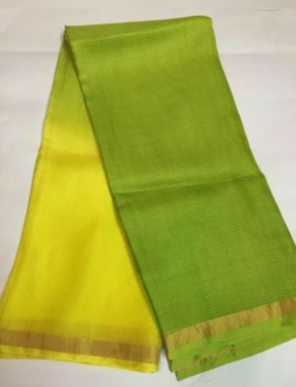 Pure Silk Kota Doria Sarees Citron Green and Yellow Colour with contrast blouse
