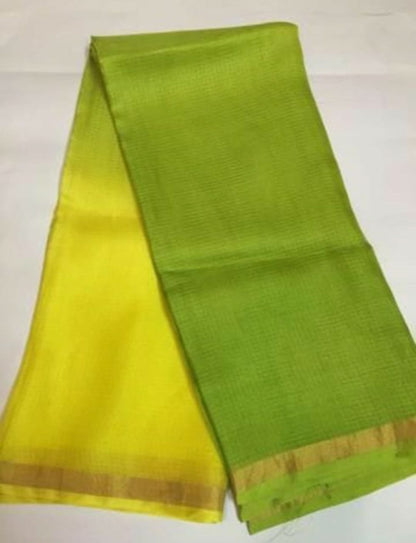 Pure Silk Kota Doria Sarees Citron Green and Yellow Colour with running blouse-Indiehaat