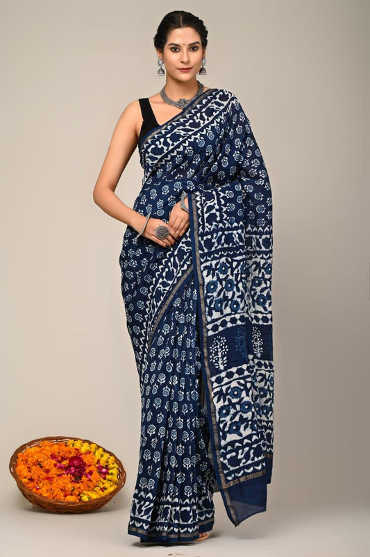 Pure Chanderi Silk  Blue  Saree Handblock Printed with running blouse