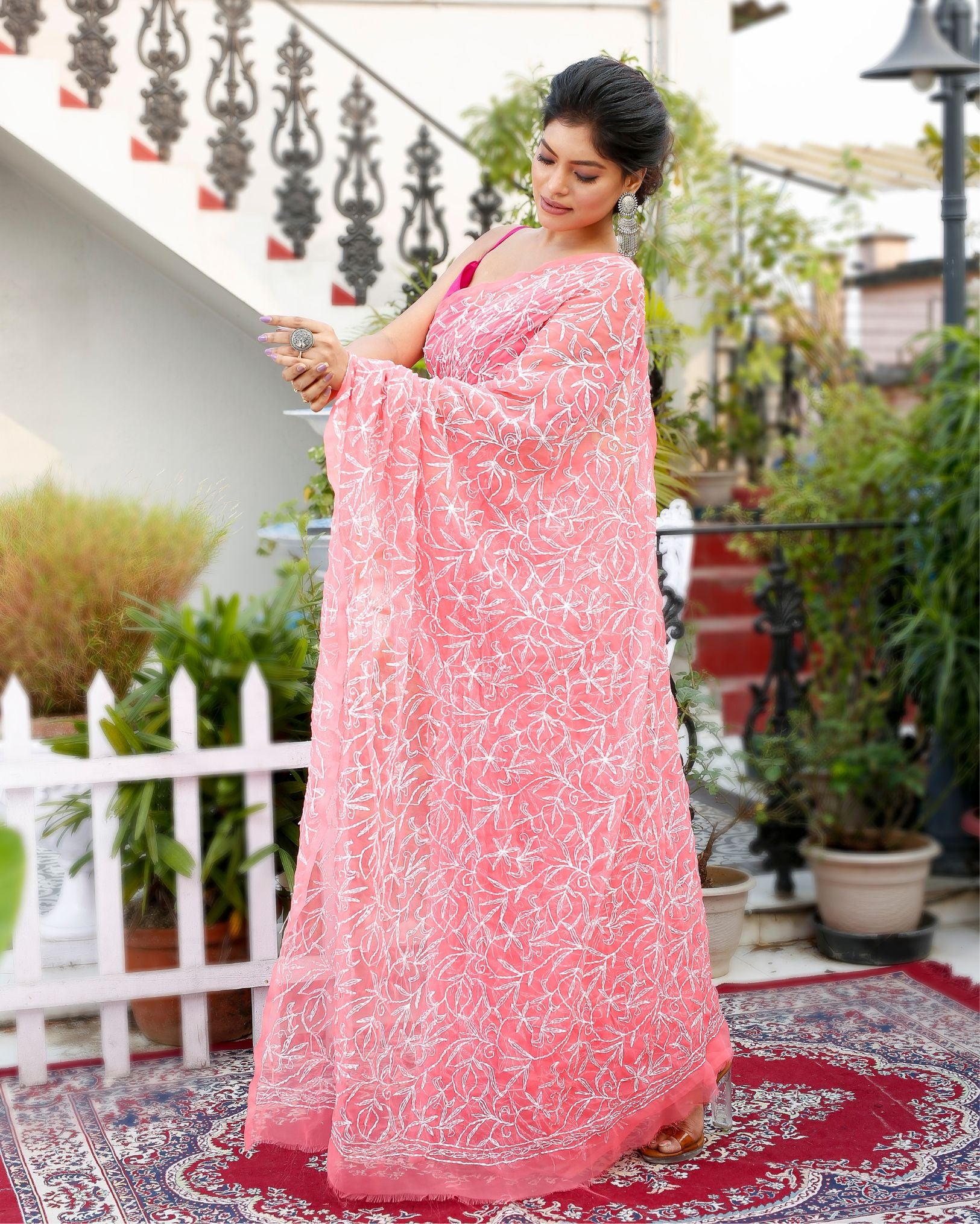 Georgette Handcrafted Saree Candy Pink Color Tepchi work with Running Blouse - IndieHaat