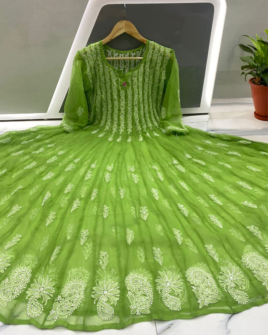 Georgette Anarkali Gown (56 kali) Green Color Chikankari work with inner - IndieHaat