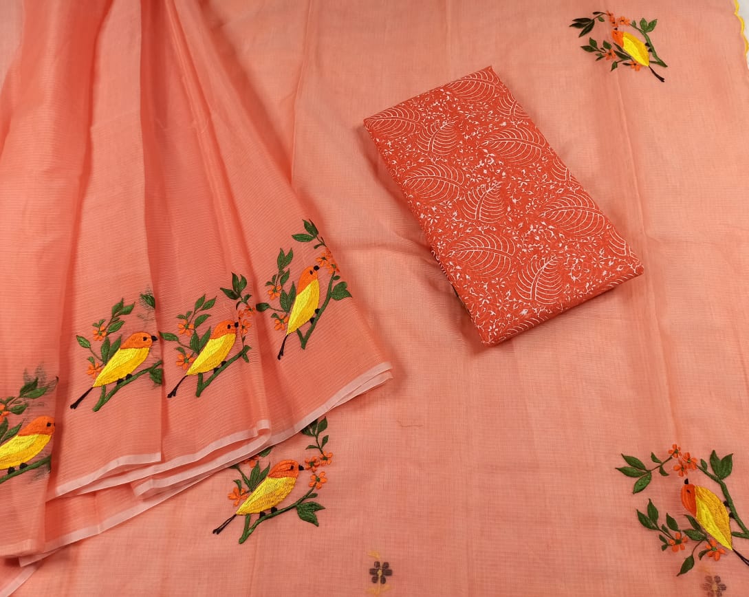 Kota Doria Embroidery Orange color Saree with blouse Handcrafted-Indiehaat
