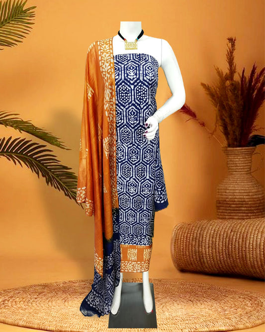 Katan Silk Suits Indigo Blue Color Batik Print - IndieHaat