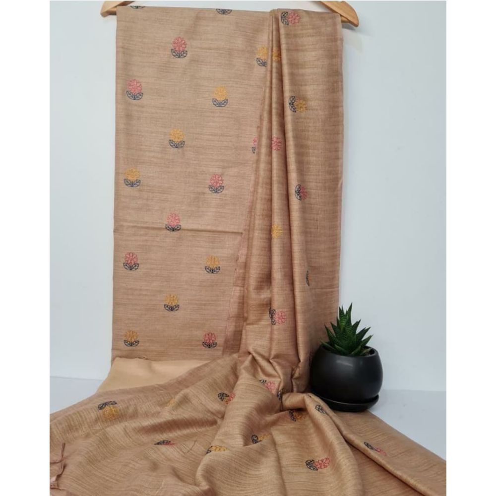Khadi Cotton Digital Embroidered Sandrift Brown Colour Suit Piece with Bottom and Dupatta-Indiehaat