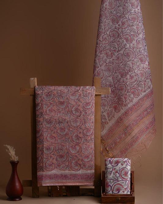 Kota Doria Suit (Top+Bottom+Dupatta) Pink Color Handblock printed - IndieHaat