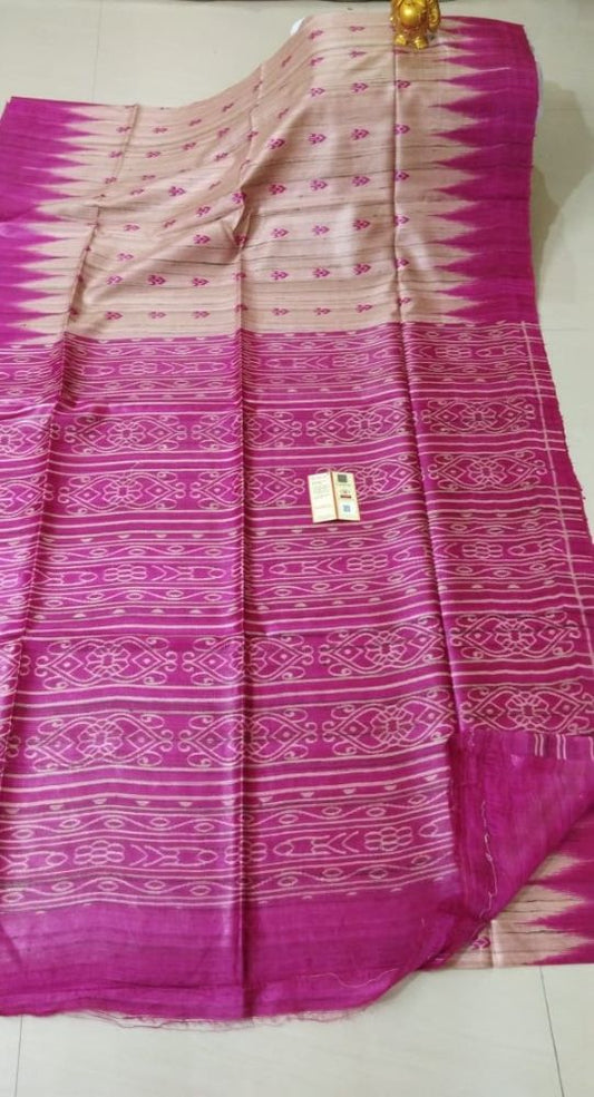 Silkmark Certified Tussar Silk Handloom Handblock Printed Biege Saree with Blouse-Indiehaat