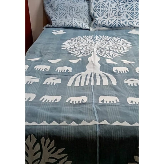 Handcrafted Blue Aplique Work King Size Double Bed Cover (7.5 Ft X 9 Ft)
With 2 Pllow Covers And 2 Cushion Covers-Indiehaat