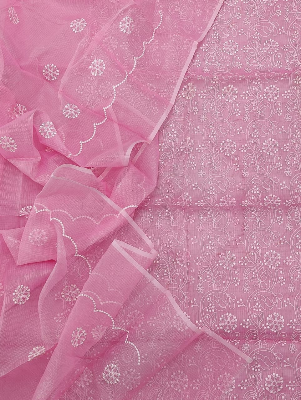 Kota Doria Embroidery Work Suits Puce Pink Colour Top+Bottom+Dupatta
