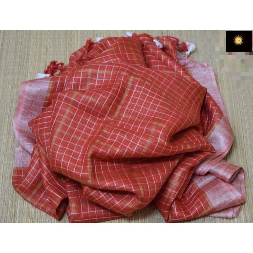 Pure Linen Check Design Handloom Red Saree with Running Blouse-Indiehaat