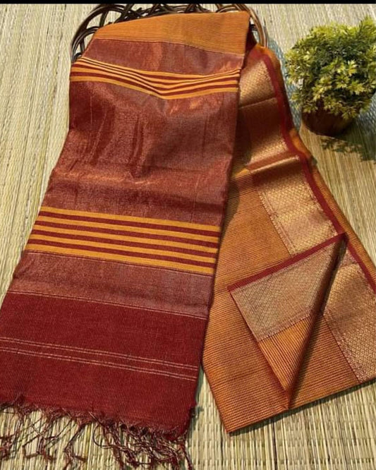 Pure Maheshwari Handwoven Tissue Silk Saree Pastel Orange Color with running blouse - IndieHaat