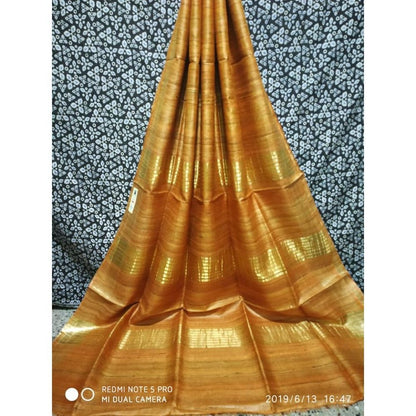 Silkmark Certified Gichcha Tussar Handloom Hand Dyed  Brown Saree with Blouse-Indiehaat