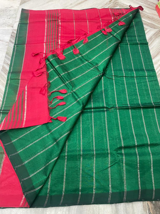 Mangalagiri Plain Pattu Saree Green Color with Zari Line Weaving, Contrast Pallu and Blouse