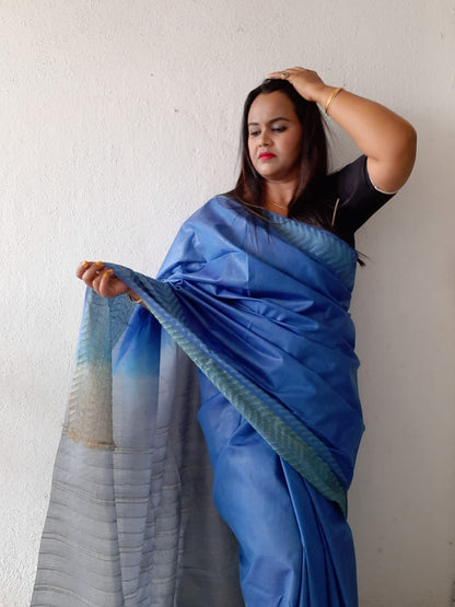 Silkmark certified Chanderi Silk Saree Blue Colour with Running Blouse-Indiehaat