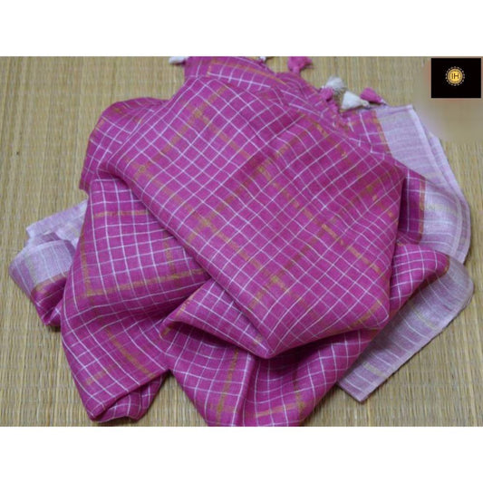 Pure Linen Check Design Handloom Pink Saree with Running Blouse-Indiehaat