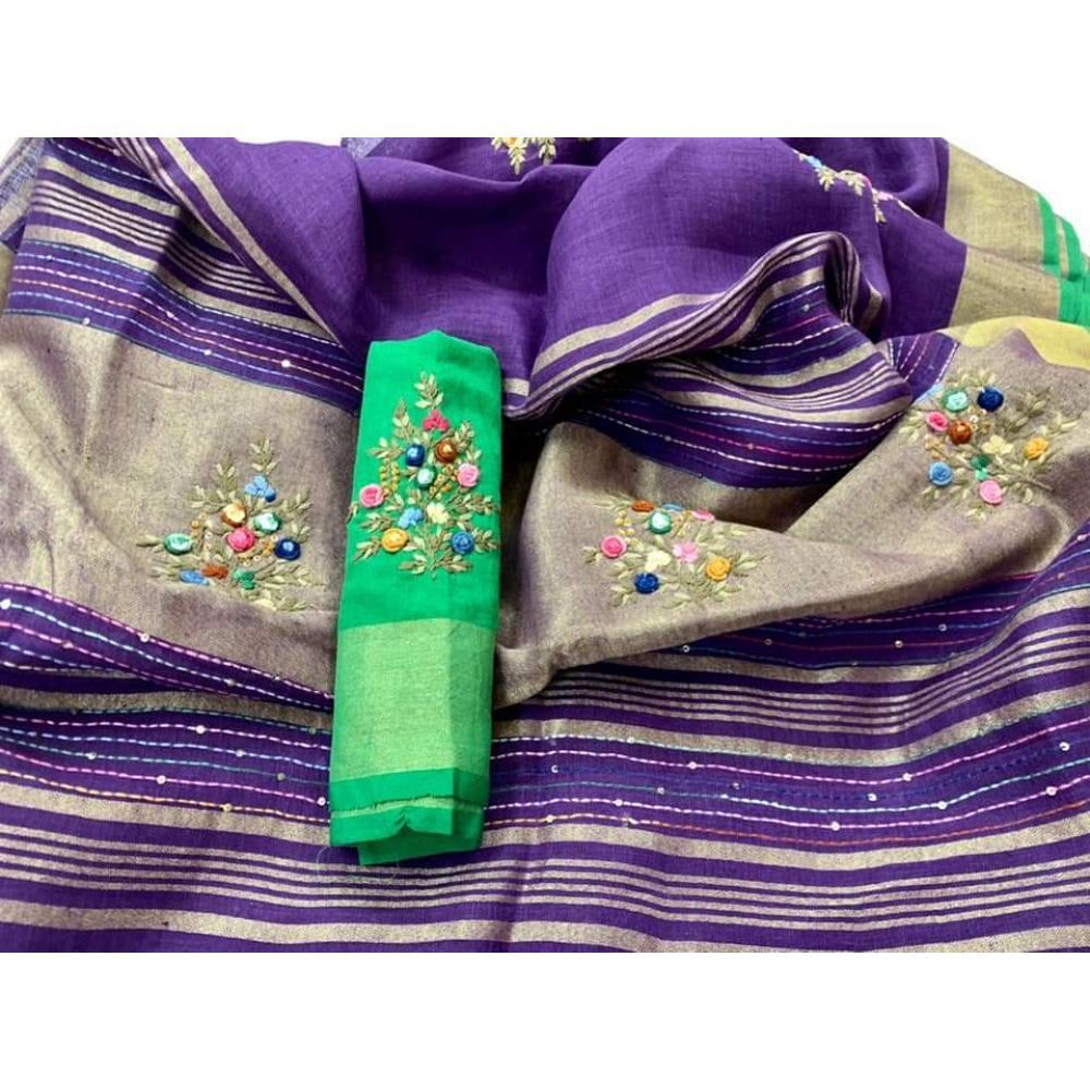 Pure Linen Floral Embroidered Purple Saree with Embroidered Blouse-Indiehaat