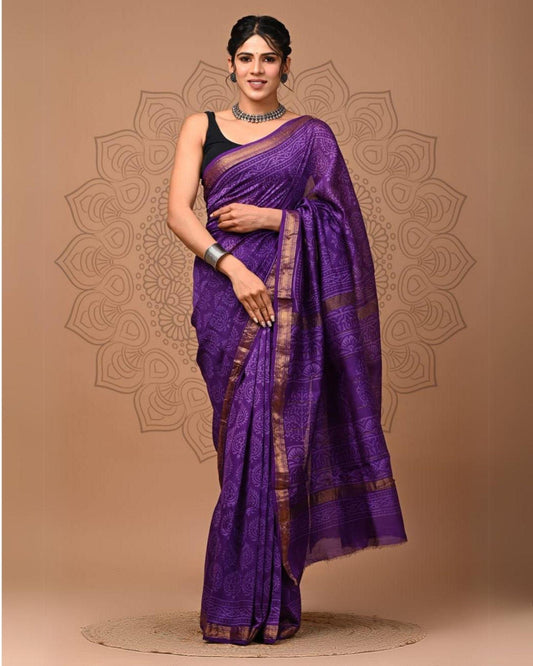 Maheshwari Silk Saree purple Handblock Printed With running blouse (Silk by Silk)