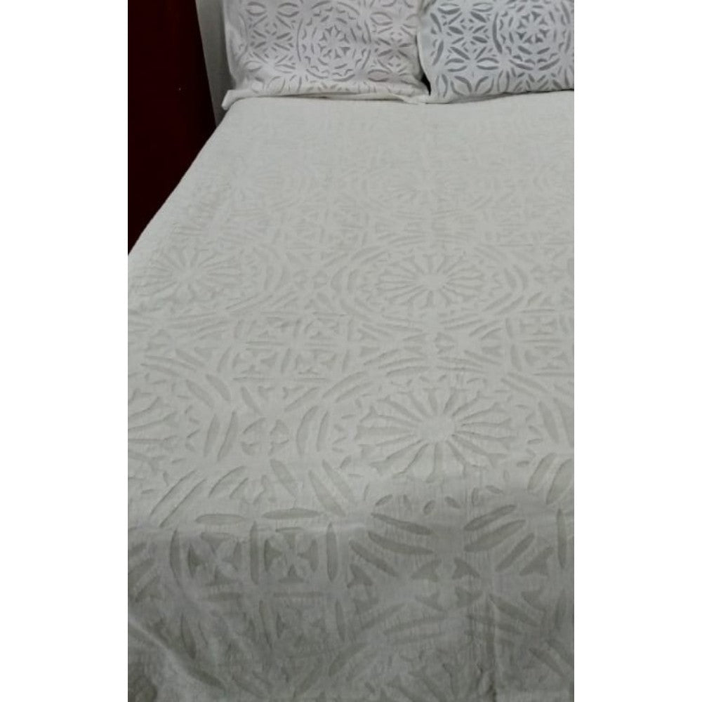 Handcrafted White Aplique Work King Size Double Bed Cover (7.5 Ft X 9 Ft)
With 2 Pllow Covers And 2 Cushion Covers-Indiehaat