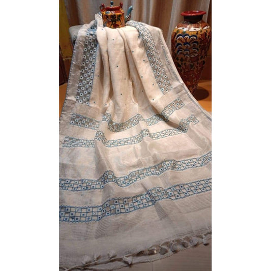 Pure Linen Hand Cutwork Design Off White Colour Saree with Running Blouse-Indiehaat