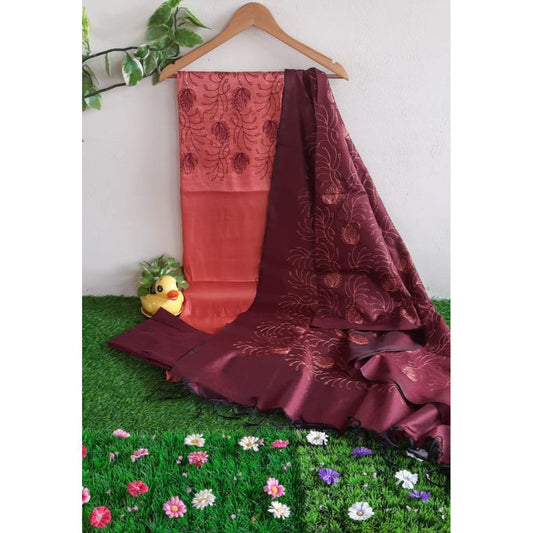 Katan Silk Pink Suit Piece with Maroon Bottom and Dupatta Embroidered-Indiehaat