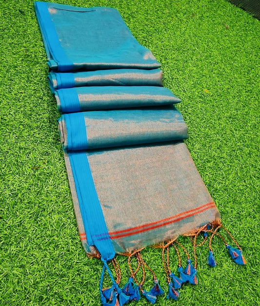 Tissue Cotton Saree SoftFeel Blue 18% Off IndieHaat